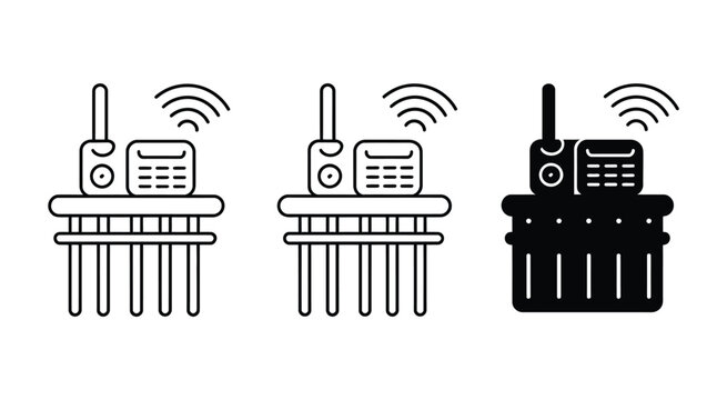 Wireless IoT sensor on wooden pallet icon set featuring smart logistics technology and industrial data transmission vector graphics