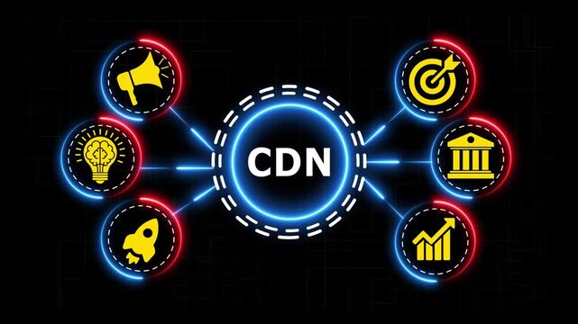 Cdn content delivery network icon concept with business icons against black background.