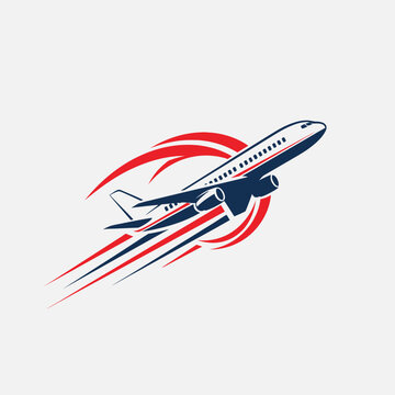 Stylized illustration of an airplane with dynamic motion lines in red and blue