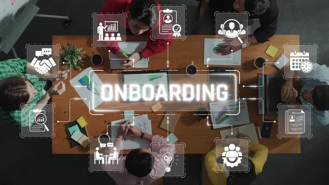 Diverse group of professionals engaged in onboarding meeting with icons and infographics showcasing collaboration and team building in office environment Sigmoid