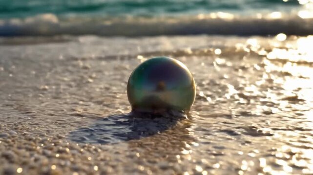 Tahitian gray pearl found on the beach as waves gently push it along the sand during sunset