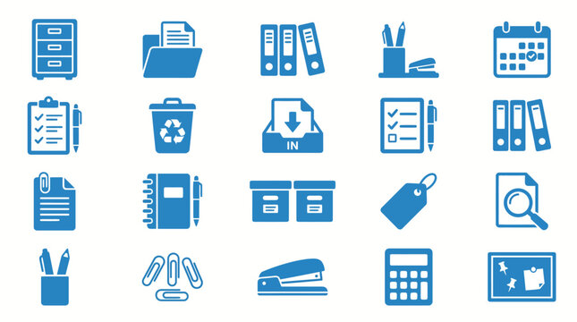 Office supplies and business icons.
