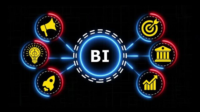 Business intelligence concept with animated glowing icons and text bi in center.