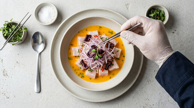 Chef plating Nikkei ceviche with tweezers for fine dining website