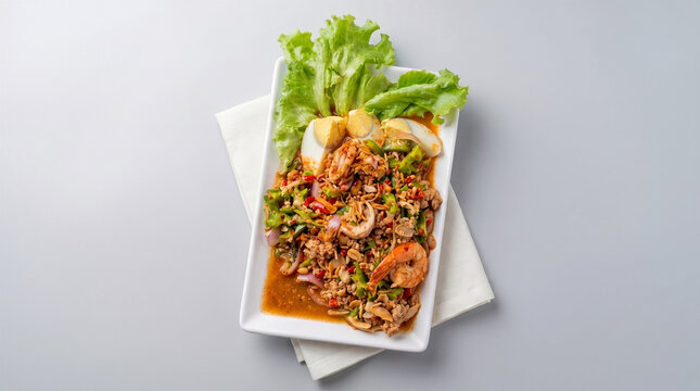 Delicious Thai wing bean salad (Yum Thua Phoo) with prawns and boiled eggs, served on a white plate over a clean grey background.