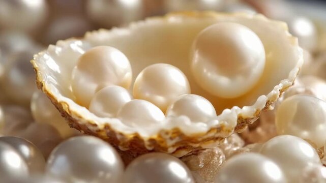Luminous natural pearls resting inside an open shell amidst many loose pearls