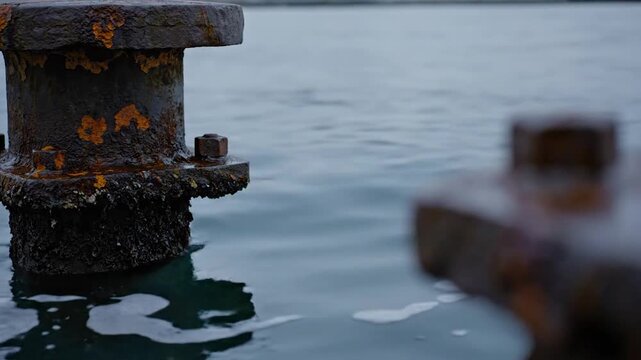 Rusty metal mooring bollard in the calm ocean water at a harbor