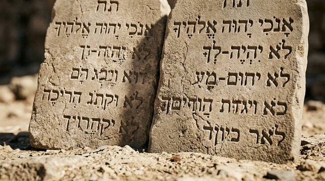 Ancient stone tablets with hebrew script on a desert background