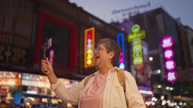 Asian senior woman using phone record vlog while exploring city outdoors. 