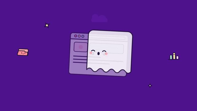 Cute character popping in and out of browser window on purple