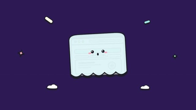 Kawaii animated browser window and cute cloud character on dark background