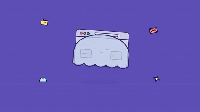 Cute web browser character with icons floating on purple background