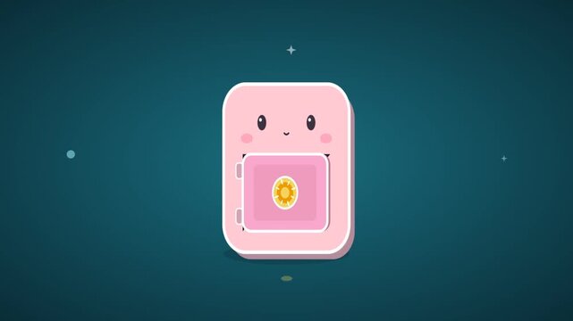 Animated cute pink safe character opening and closing its door