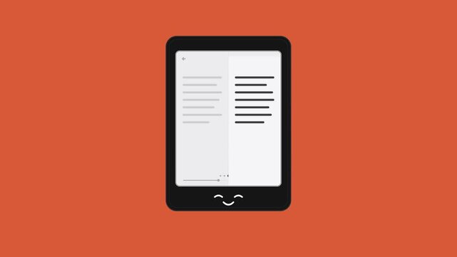 Animated ebook reader character flipping pages on orange background