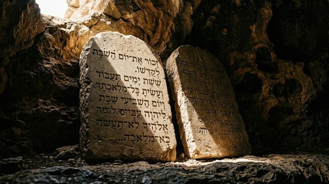 Ancient stone tablets with hebrew inscriptions in a cave