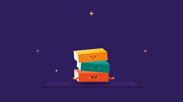 Cute personified cartoon books stacking themselves on a shelf