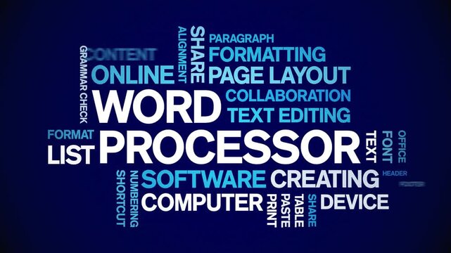 Word Processor animated word cloud-text design animation tag kinetic typography seamless loop.