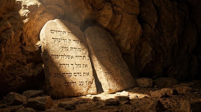 Ancient stone tablets with hebrew inscriptions in a cave