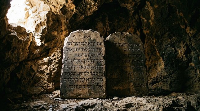 Ancient stone tablets with hebrew inscriptions in a cave