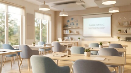 Fototapeta premium A bright and modern classroom or workshop space with tables, chairs, and a projector screen displaying 