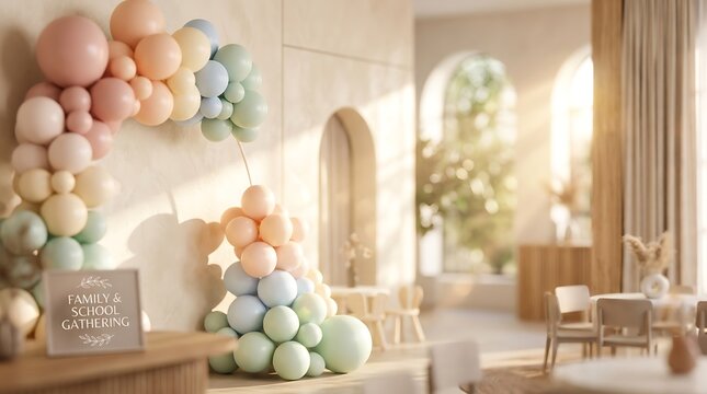 Pastel balloon arch and column decoration in a bright room for a family and school gathering event