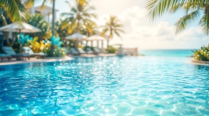 Fototapeta premium Sparkling blue swimming pool water with a blurred tropical resort and ocean in the background on a bright sunny day.
