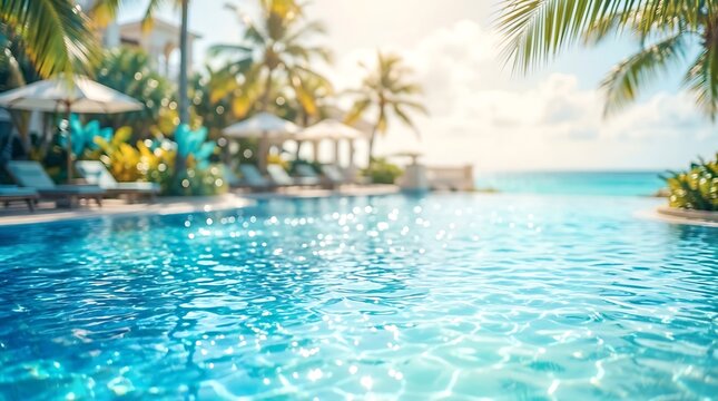 Sparkling blue swimming pool water with a blurred tropical resort and ocean in the background on a bright sunny day.