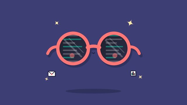 Animated round pink glasses with programming code reflected in lenses