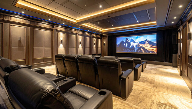 Private Cinema Oasis: Luxurious leather recliners face a large screen in a home theater, exuding opulence and comfort. The room features ambient lighting, dark wood paneling, and plush carpeting.