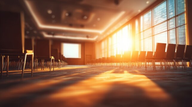 Bright Warm Conference Room with Sunlight Streaming Through Large Windows