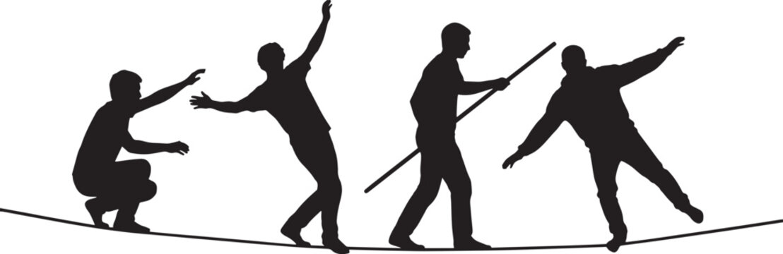 Tightrope walkers balance precariously on a thin line while testing their agility and focus in a daring performance art.