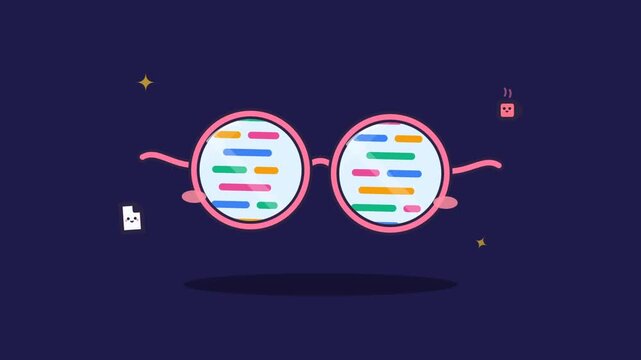 Animated pink glasses reflecting colorful scrolling programming code