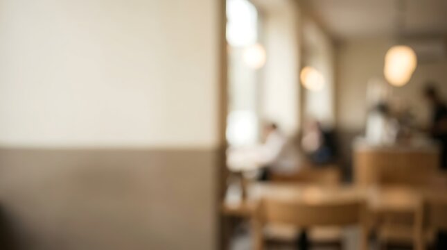 Abstract blurred background of a modern cafe interior featuring warm ambient lighting and indistinct customer figures