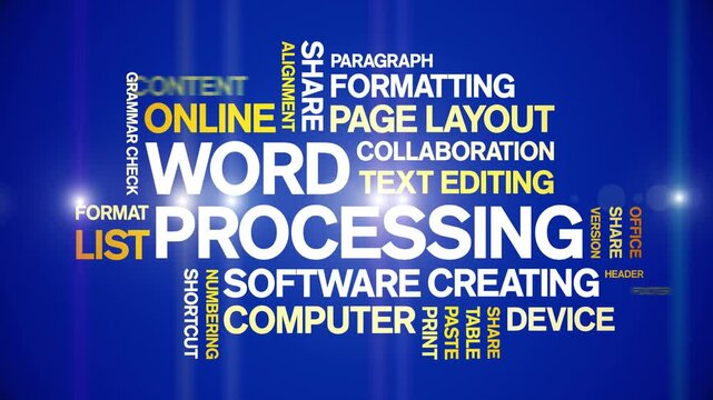 Word Processing animated word cloud-text design animation tag kinetic typography seamless loop.