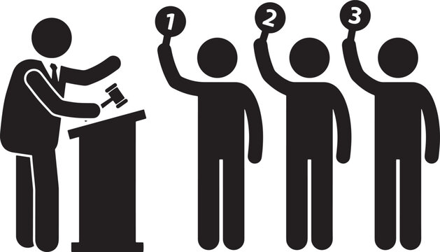 Auctioneer stands behind a podium holding a gavel while three bidders raise their numbered paddles during a busy sale.