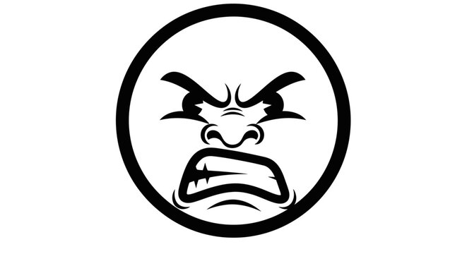 Angry Face Icon, Aggressive Emotion, Frustrated Expression, Black and White