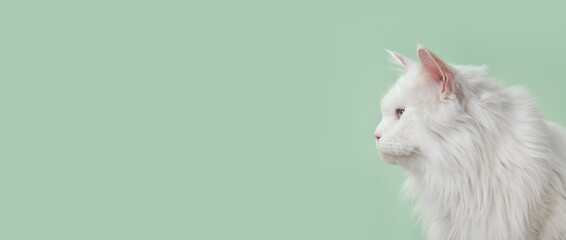 Elegant white maine coon cat profile portrait with fluffy fur on a soft green background, pet care and animal companionship © Pixel-Shot