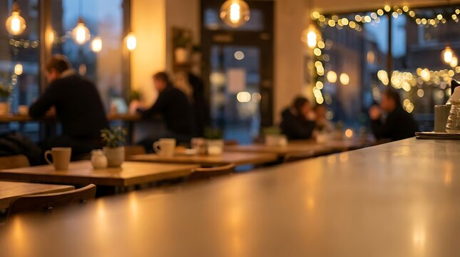 Blurred interior of a cozy cafe or coffee shop with warm ambient lighting and indistinct people enjoying the relaxed atmosphere in the background