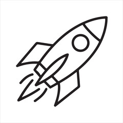 Simple black line art icon of a rocket ship ascending with stylized flames. © JOY RAY