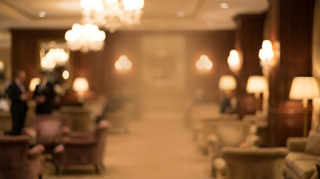 Blurred luxurious hotel lobby interior with warm golden lighting, elegant chandeliers, and indistinct people in a sophisticated lounge setting