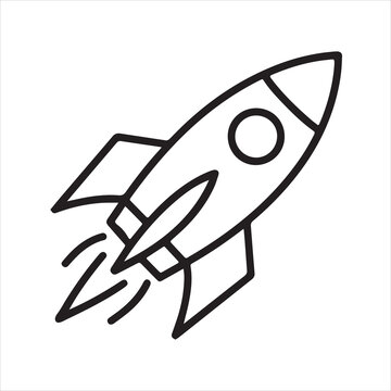 Simple black line art icon of a rocket ship ascending with stylized flames.