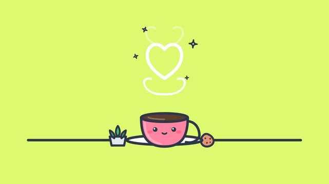 Smiling pink mug with heart shaped steam on a green background