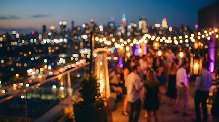 Fototapeta premium Blurred rooftop party scene with people socializing under warm string lights, set against a vibrant bokeh backdrop of a city skyline at night, conveying a festive and lively urban atmosphere.