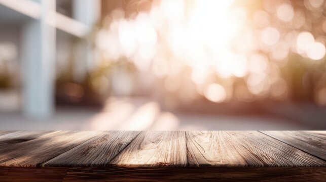 Empty Wooden Table Surface in Warm Evening Light with Blurred Background
