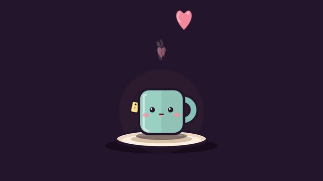 Animated cute teal tea mug with rising steam and floating pink hearts