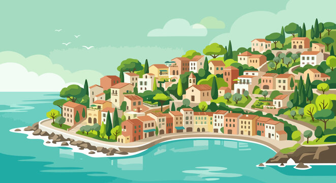 Mediterranean coastal village vector illustration, scenic seaside town with terracotta houses, idyllic European summer travel landscape background