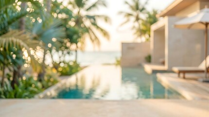 Obraz na płótnie Canvas Blurred tropical resort background with infinity pool, palm trees, and distant ocean view, creating a serene and relaxing vacation ambiance.