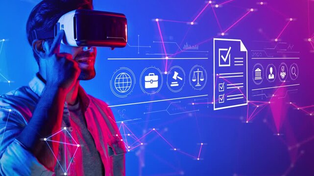 Young man wearing virtual reality headset while interacting with technology concept visuals and digital interface featuring graphs and icons. Entropy.