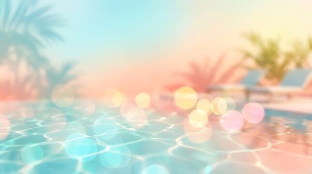 Dreamy blurred swimming pool water with shimmering bokeh lights and soft focus tropical palm tree silhouettes and lounge chairs in the background, featuring pastel gradient colors