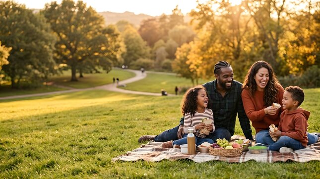 Happy multiracial family laughing while eating lunch at a park picnic